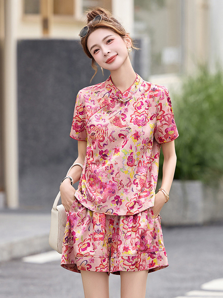 新中式国风印花套装女2025夏新款气质减龄复古盘扣上衣短裤两件套,女装套装/套裙,众宇琦