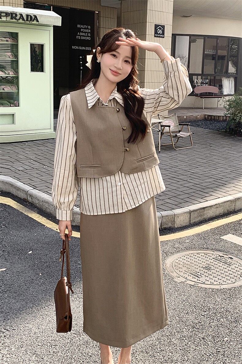 设计感条纹衬衫马甲西服套装女2025春季新款韩版轻熟风气质三件套,女装套装/套裙,2C291