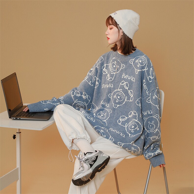 现货中性情侣款男女宽松小熊印花圆领针织衫毛衣D201-DM119-P65,男装针织衫/毛衣,电商D321-1
