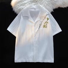 新中式风竹叶刺绣短袖衬衫男女生夏季高级感古巴领五分袖衬衣，男装T恤，星座302B