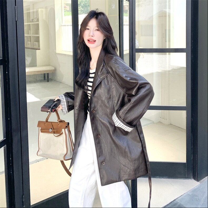 中长款皮衣风衣女2025秋季新款小个子气质复古休闲PU皮外套，女装皮衣，秀美人生