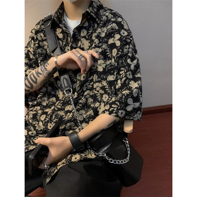 夏季新款宽松复古港味设计感小众花衬衫ins痞帅休闲衬衣男女,男装衬衫,星座601-1