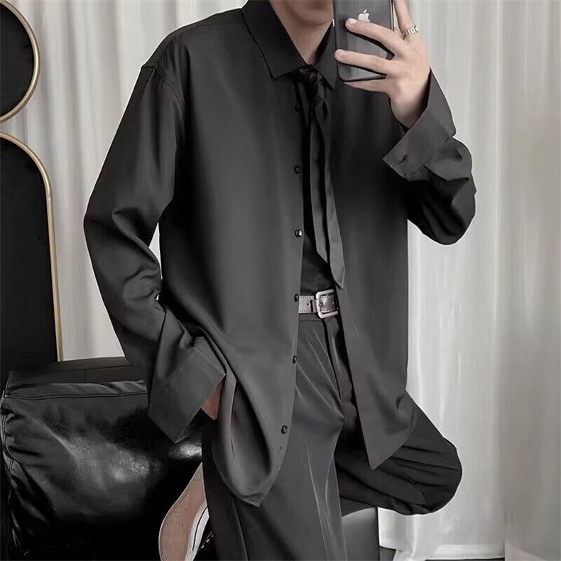 慵懒风白衬衫男长袖秋季新款小心机上衣设计感潮流宽松垂坠感衬衣图片