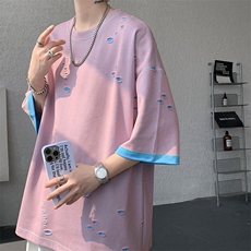 T10137-特批33控68开口笑高品质夏季大码短袖破洞潮流百搭T恤，男装T恤，电商A059