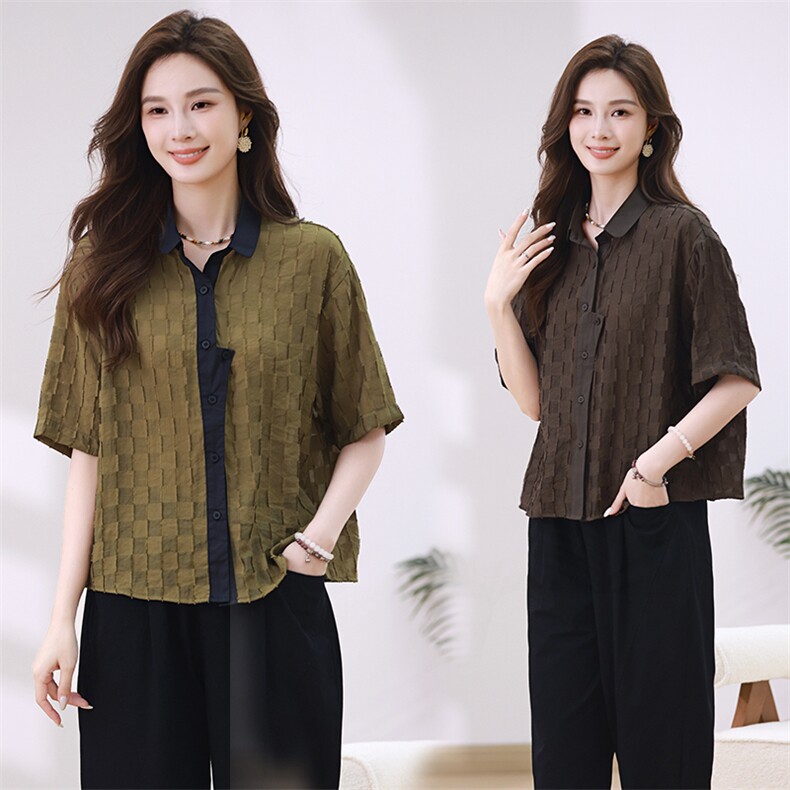 2024夏季新款大码宽松显瘦格子衬衫上衣，女装衬衫，梦芯尔