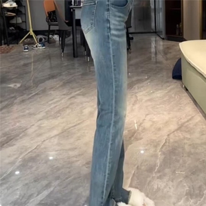 美式设计感小众蓝色毛边牛仔裤小个子别致独特微喇休闲裤潮图片