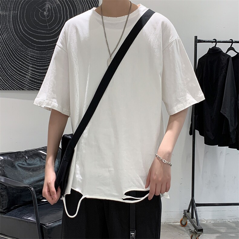 T2035-P25夏季潮破洞毛边复古宽松短袖中性男女情侣圆领t恤控38,男装T恤,电商A009A（原A058A）