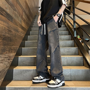 复古设计小众牛仔裤男宽松抽绳微喇美式复古高街牛仔裤子NZ006P40图片
