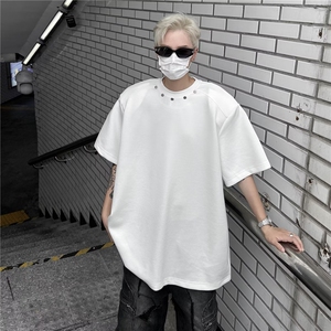 高级感垫肩短袖t恤男夏季潮牌宽松韩版设计感柳钉半袖体恤图片
