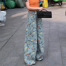 复古港风花朵印花阔腿牛仔裤女夏季新款高腰百搭碎花拖地裤长裤，男装牛仔裤，星座506A