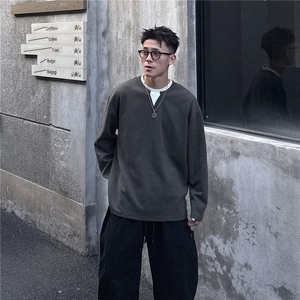 网图现货假两件T恤百搭宽松拼色V领圆领免烫情侣百搭纯棉CT88/P45图片