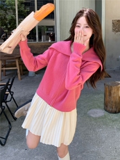 慵懒风双拉链海军领针织开衫女秋冬新款韩系宽松减龄短款毛衣外套，女装针织衫/毛衣，水衣源