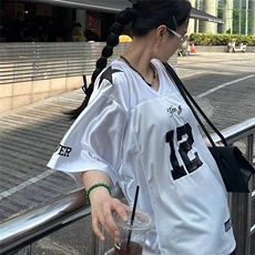 美式复古V领运动球衣男女款夏季宽松短袖情侣款T恤潮流小众上衣服，男装T恤，四季星座505