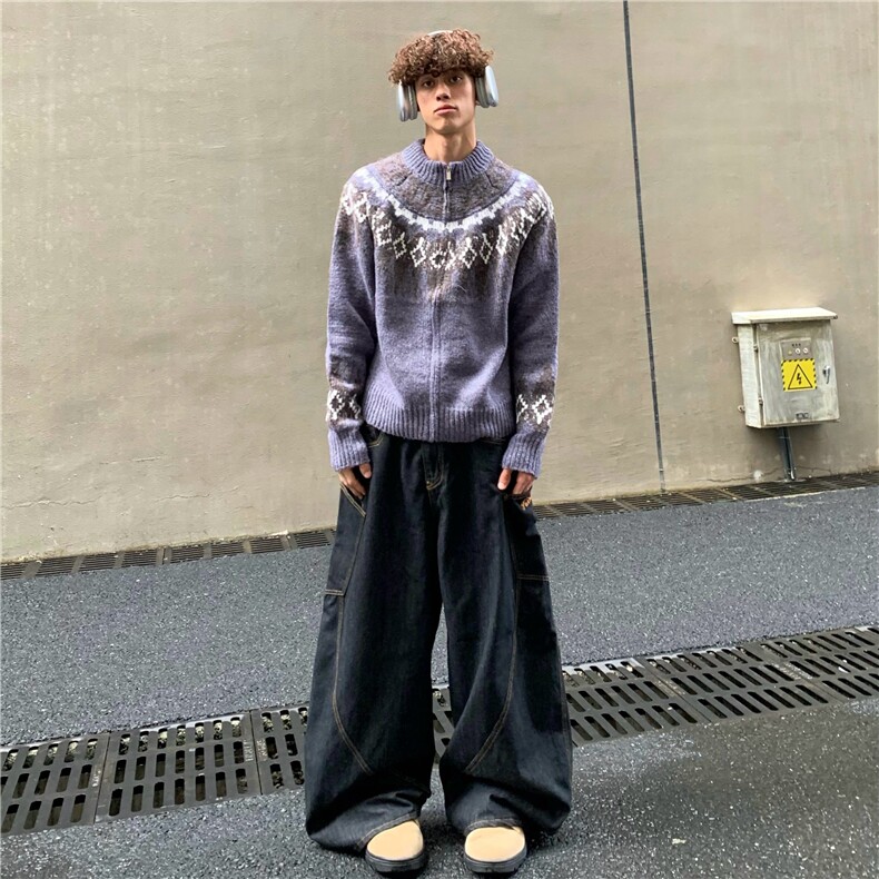 白菜coke美式复古花纹秋冬圆领双拉链立领针织衫毛衣开衫外套男女,男装针织衫/毛衣,星座218-1（原230）