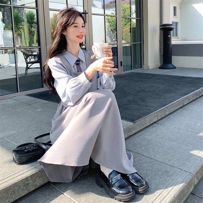 学院风减龄假两件灰色连衣裙女春秋长袖衬衫裙韩系小清新文艺复古,女装连衣裙,灵力轩