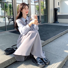 学院风减龄假两件灰色连衣裙女春秋长袖衬衫裙韩系小清新文艺复古，女装连衣裙，灵力轩