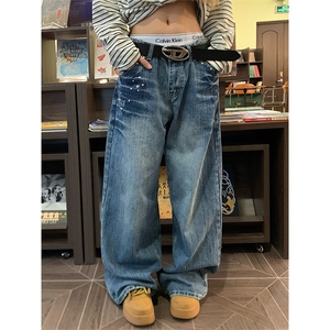 铆钉水洗闪电低腰直筒牛仔裤女秋季水洗做旧宽松阔腿裤子潮NZ22图片