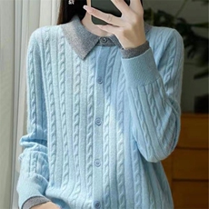 时尚高级感拼接翻领百搭针织衫优雅显瘦长袖开衫外套，女装针织衫/毛衣，萱芳婷羊绒