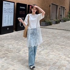 重工烫钻蕾丝拼接白色t恤连衣裙女2025新款慵懒松弛感屁帘叠穿，女装蕾丝衫/雪纺衫，2C087