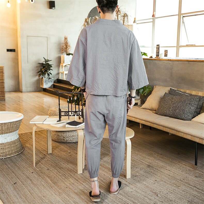夏季风道袍男短袖汉服古风潮开衫汉服防晒衣套装TZ01/P85,男装休闲套装,钱塘713