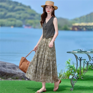 2026新款法式复古度女夏牛仔两件印花裙图片