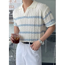 夏季白色翻领Polo衫条纹日系针织衫男短袖上衣T恤衫宽松TZ90，男装Polo衫，星座1116A（原606A-3）