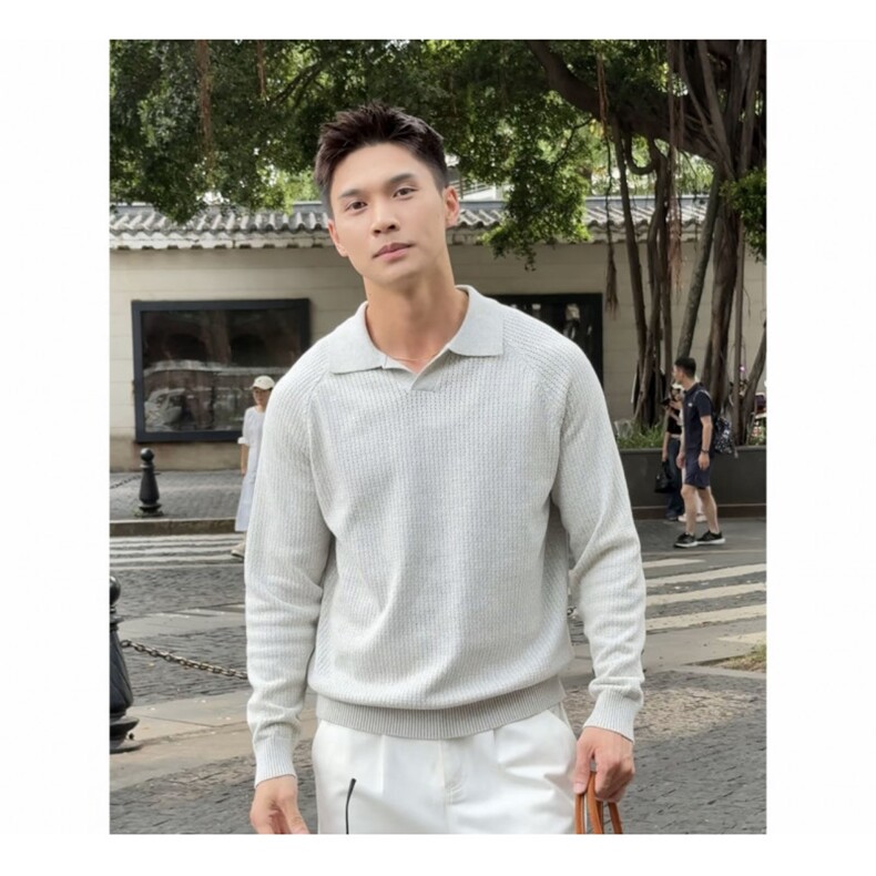 松弛感老钱风精棉混纺镂空休闲海鸥领长袖针织上衣打底1175/P68,男装针织衫/毛衣,电商A243