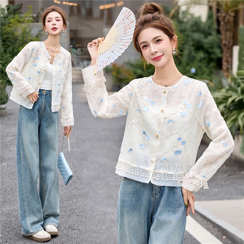现货新中式刺绣小香风外套女夏季轻奢流苏钉珠薄款防晒上衣外套，女装防晒衣，韩美纤衣