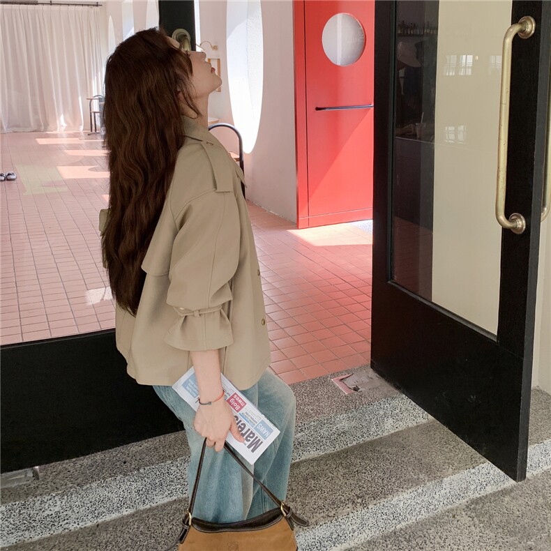 新品卡其色短款风衣小清新外套1C045-H8305P155K218,女装风衣,红龙果