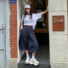 V168-P78夏季美式复古丹宁蓝刺绣牛仔裤宽松直筒百搭水洗七分裤，男装休闲裤，星座911-1
