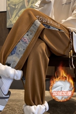 撞色条纹卫裤男春秋宽松直筒潮流高中生小熊拼接冬季加绒休闲裤子，男装休闲裤，电商A001-1
