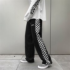 港风阔腿裤2023春季新款拼接格子男潮流宽松ins帅休闲裤K2071-P30,男装休闲裤,星座512-2