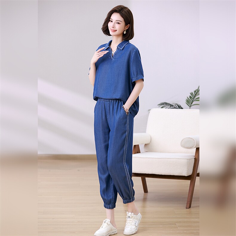 时尚显瘦牛仔套装女夏新款韩版宽松短袖上衣高腰长裤两件套,女装套装/套裙,叶笙衣
