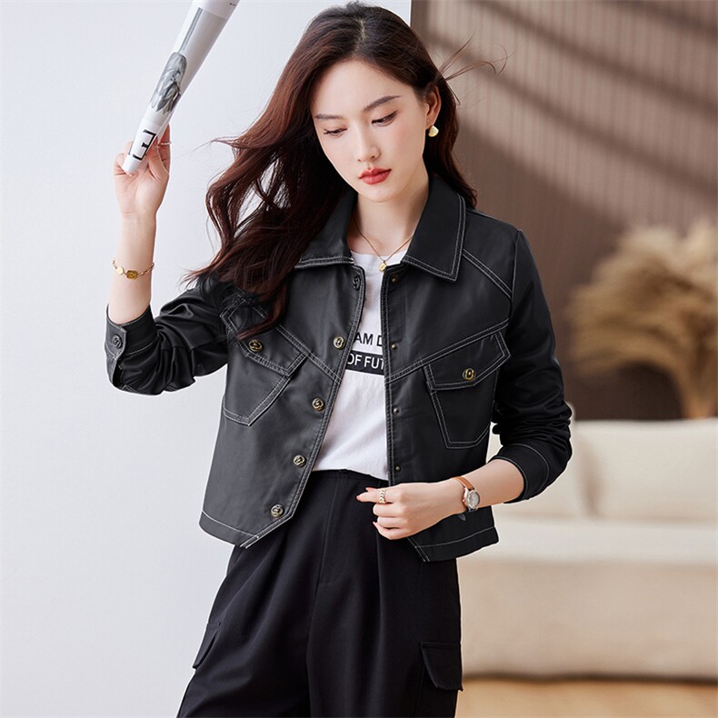 皮衣外套女2023年秋冬新款水洗皮机车服显瘦pu皮夹克韩版短外套潮,女装皮衣,江南女神