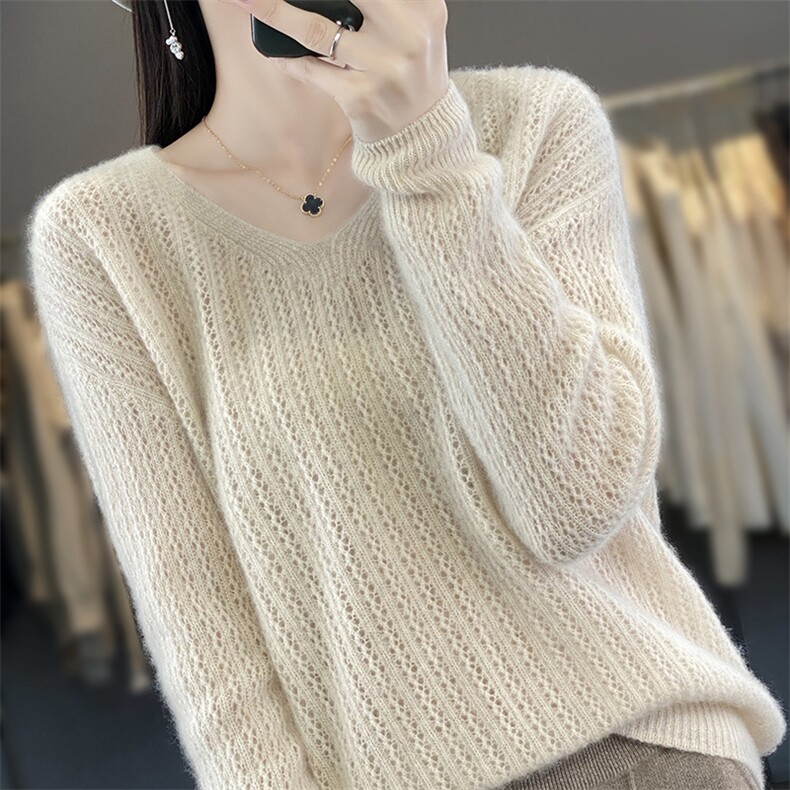 100%纯羊毛衫女V领套头镂空毛衣秋冬新款宽松羊绒衫上衣针织打底,女装羊毛衫,邓利维