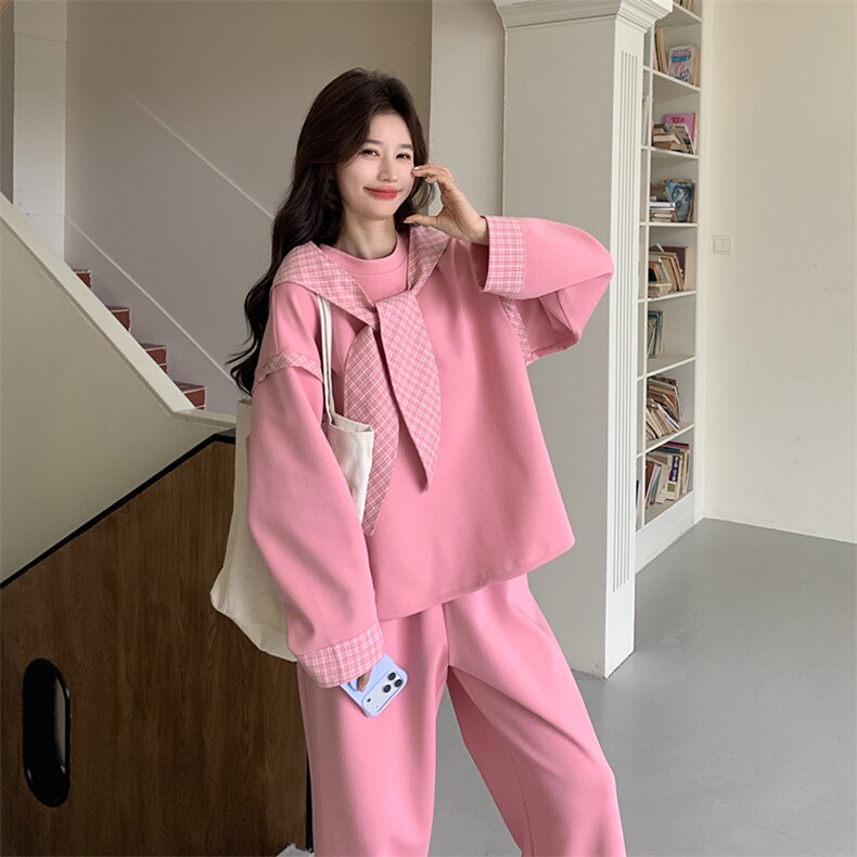 新款大货2026时尚粉色格子拼接卫衣套装女/M2606P190K308,女装套装/套裙,2C268