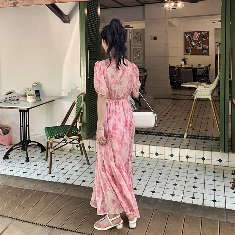 【现货】主推度假风印花长裙夏新款雪纺V领短袖长款裙子女,女装连衣裙,韩秀