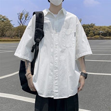 港风衬衫男短袖潮牌高级感薄款衬衣休闲痞帅宽松外套CS03160-P35，男装衬衫，星座308B-1