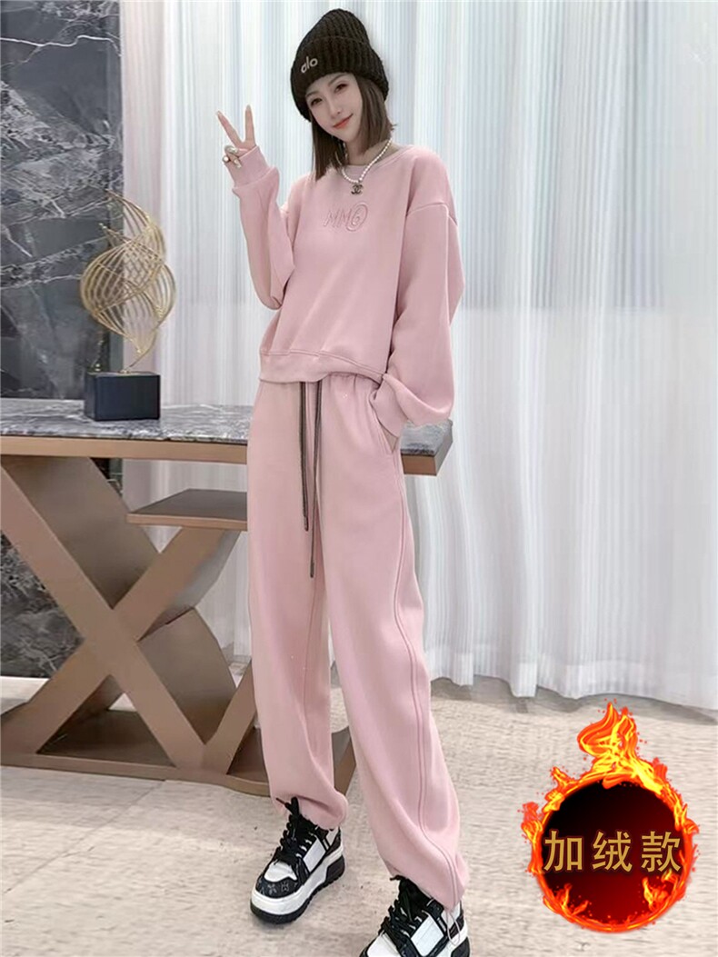 时尚休闲运动套装女秋冬洋气减龄宽松简约圆领卫衣阔长腿裤两件套,女装套装/套裙,江南