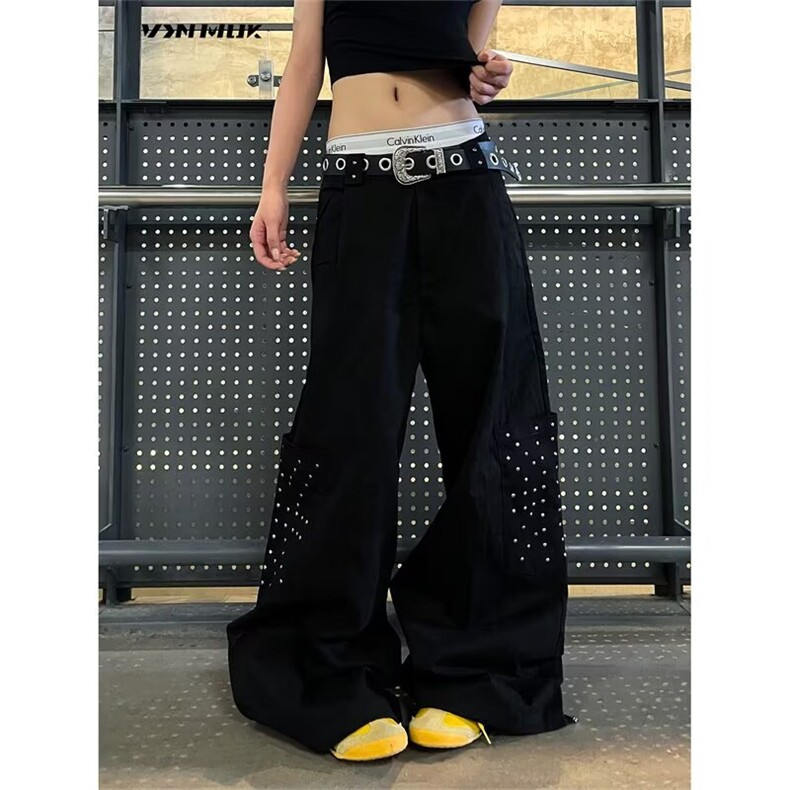 美式黑色微喇牛仔工装裤女2025年秋季高腰显瘦高个子拖地喇叭裤,男装工装外套,星座506A