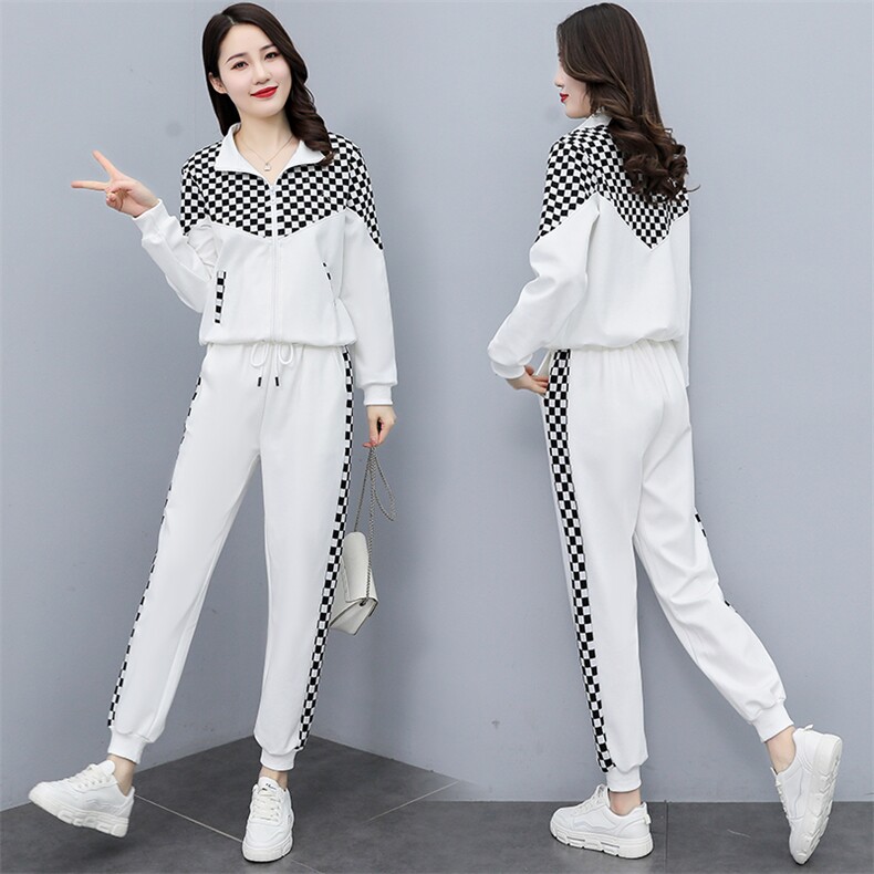 运动套装女2022新款洋气网红炸街休闲时尚棋盘格加绒卫衣两件套,女装套装/套裙,曼娅璐