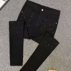 黑色烫钻满天星牛仔裤子男潮网红同款修身百搭潮牌学生休闲九分裤，男装牛仔裤，星座506A