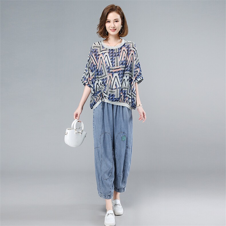 薄款天丝牛仔套装女2025夏季新款大码遮肉显瘦中年妈妈休闲两件套,女装套装/套裙,叶笙衣