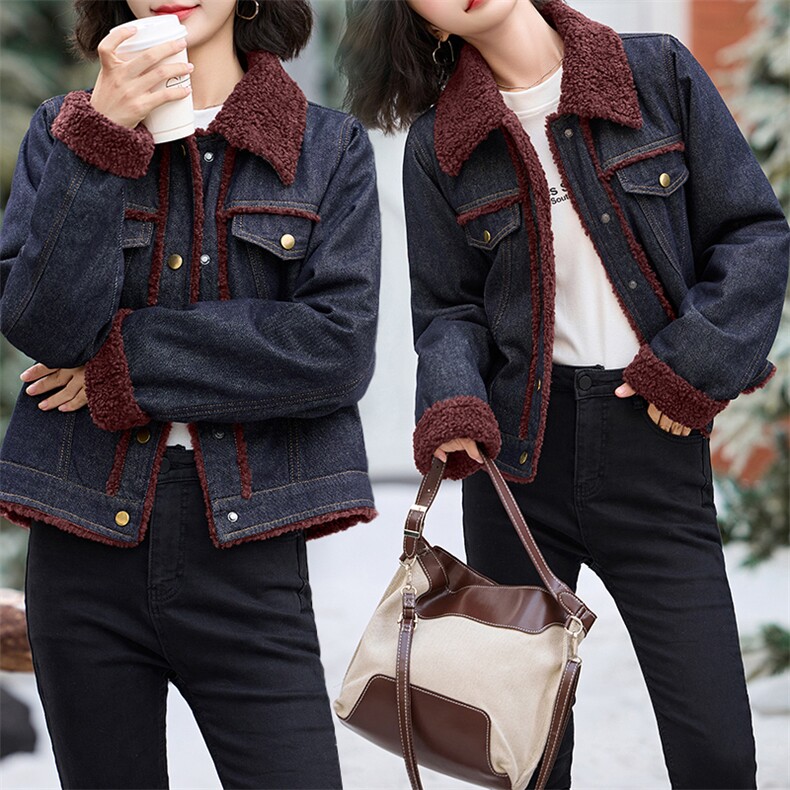 时尚拼接翻领加绒牛仔外套女2024年冬季新款ins潮高级感百搭棉衣，女装牛仔外套，潮流依族