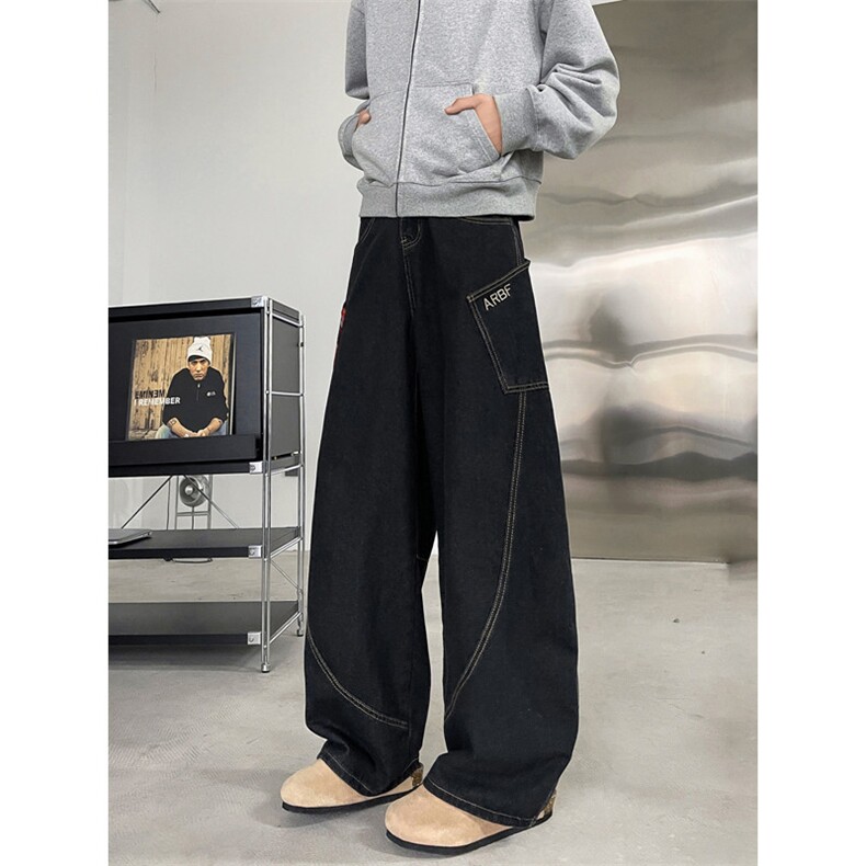 2024新款格子拼接卷边牛仔裤复古阔腿直筒拖地裤现货K8207-P50,男装牛仔裤,星座512-3