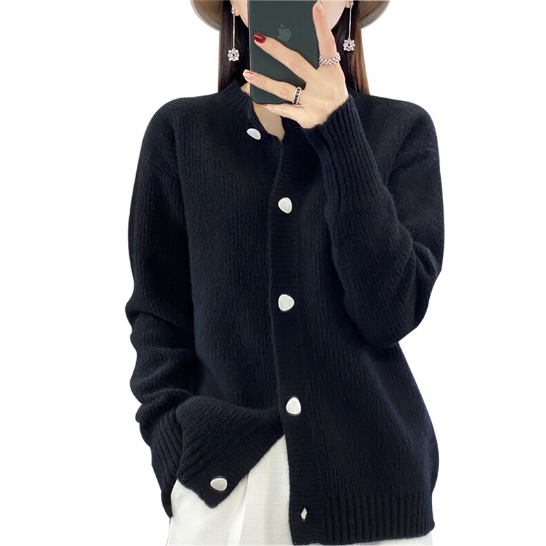 春装新款圆领系扣羊毛开衫女气质毛衣外套宽松羊绒针织厚外搭秋冬,女装羊毛衫,蒙特羊绒