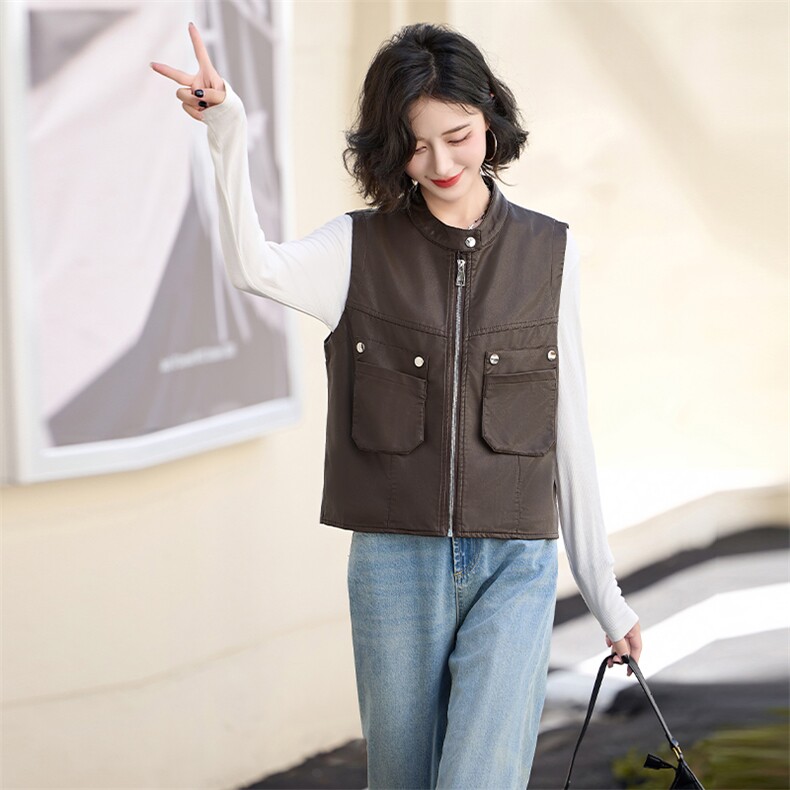 无袖立领2024秋季新款时尚坎肩马夹短款洋气pu皮衣马甲背心外套女，女装马甲，美拉德工厂直营店