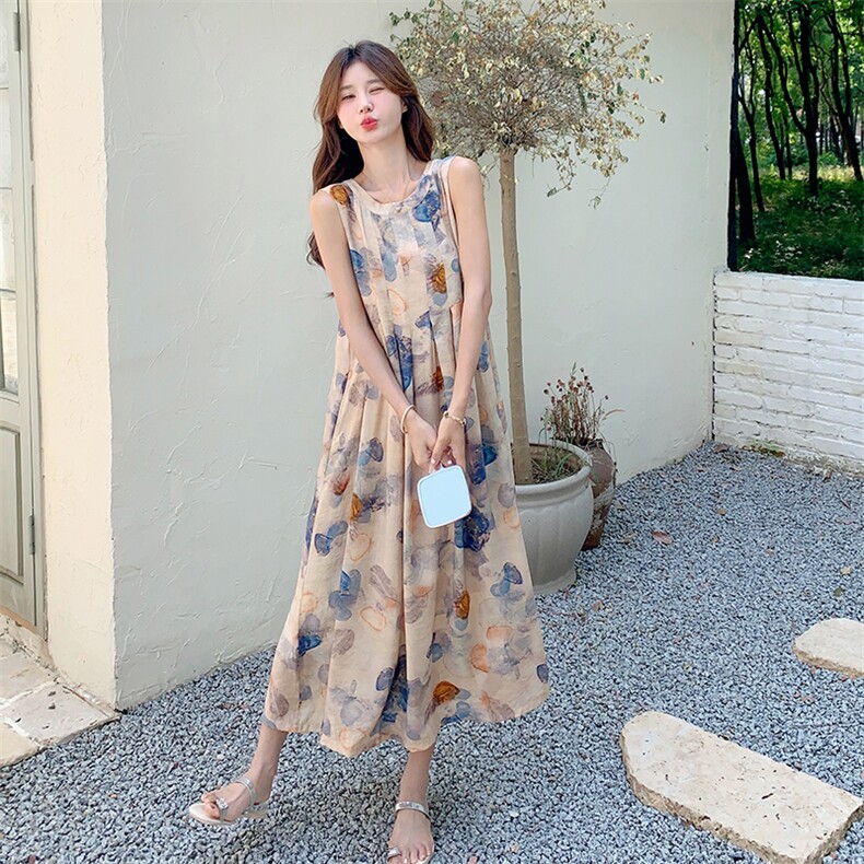 连衣裙时尚收腰女装碎花夏季蓝色碎花露背长裙吊带显瘦气质法式图片