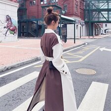 18号出货！2021春秋季撞色拼接设计感长款风衣165A-6568，女装风衣，浙宝123