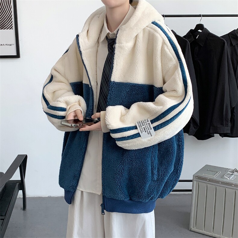 羊羔绒外套男冬季加绒加厚保暖棉服美式复古拼接撞色连帽夹克上衣,男装棉衣,电商A441-1